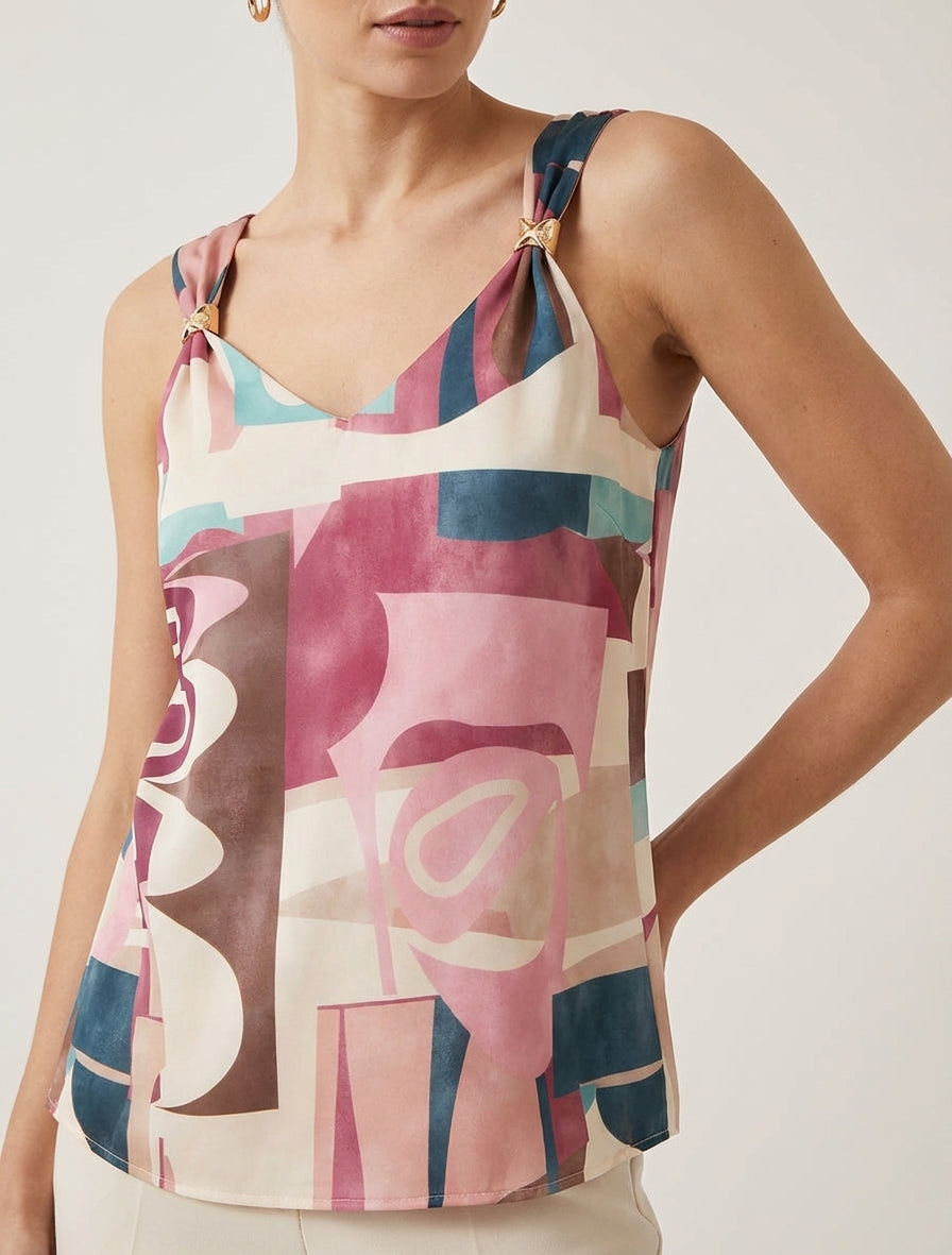 Top a destra con stampa grafica e spalline gioiello - Rosa