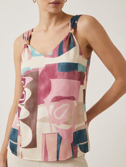 Top a destra con stampa grafica e spalline gioiello - Rosa