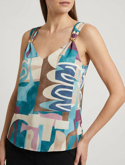 Top a destra con stampa grafica e spalline gioiello - Turchese