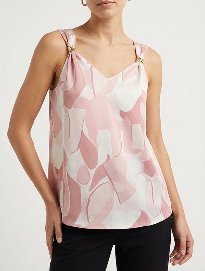 Top satinato con stampa astratta e gioiello - Rosa