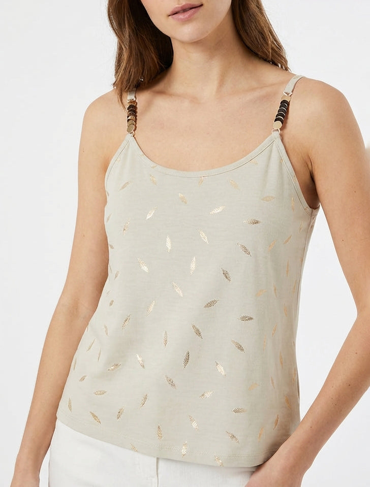 Canotta con spalline gioiello e stampa piuma - Beige