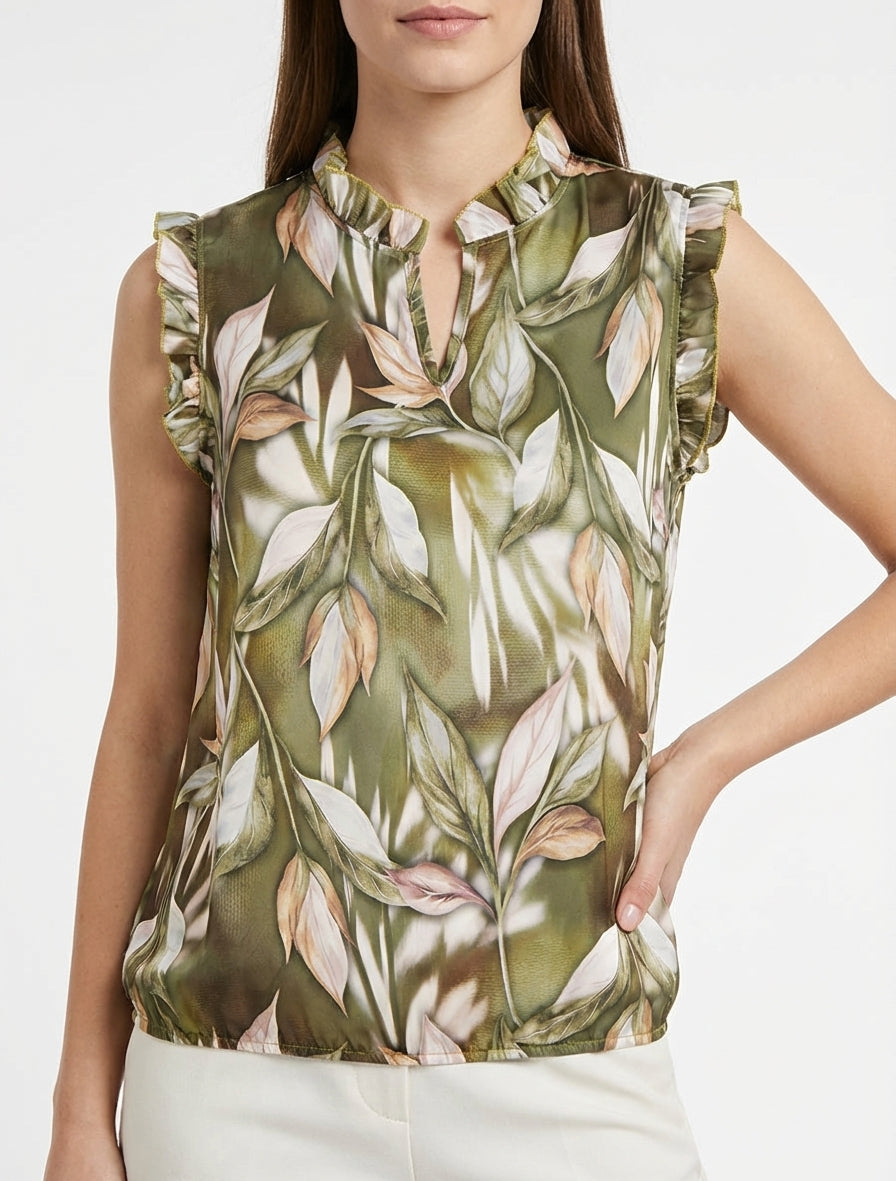 Top satinato stampato con fogliame - Cachi