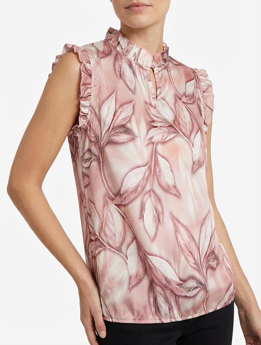 Top satinato stampato con fogliame - Rosa antico