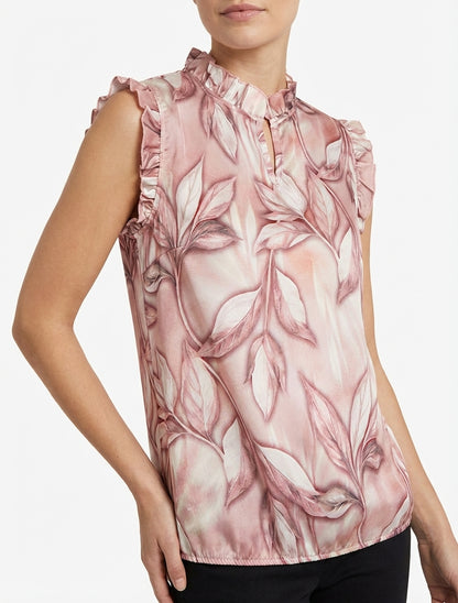 Top satinato stampato con fogliame - Rosa antico