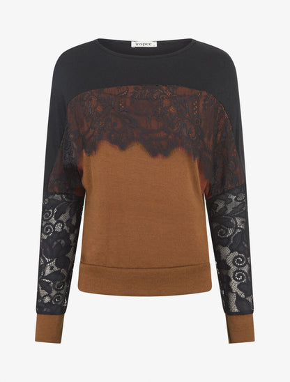 Pull fin dolman à bande dentelle - Camel - 1