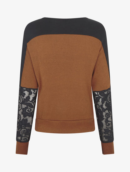 Pull fin dolman à bande dentelle - Camel - 2