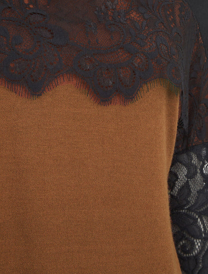 Pull fin dolman à bande dentelle - Camel - 3