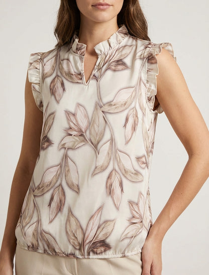 Top satinato stampato con fogliame - Beige