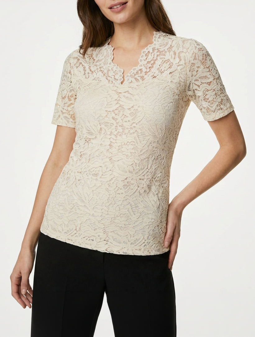 Top in pizzo a maniche corte - Beige