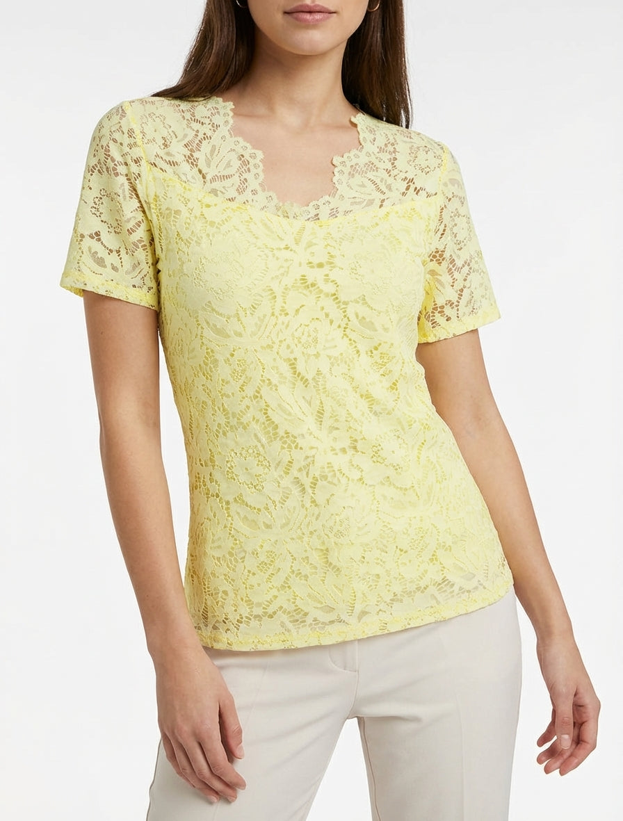 Top in pizzo a maniche corte - Giallo