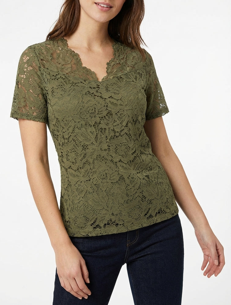 Top in pizzo a maniche corte - Cachi
