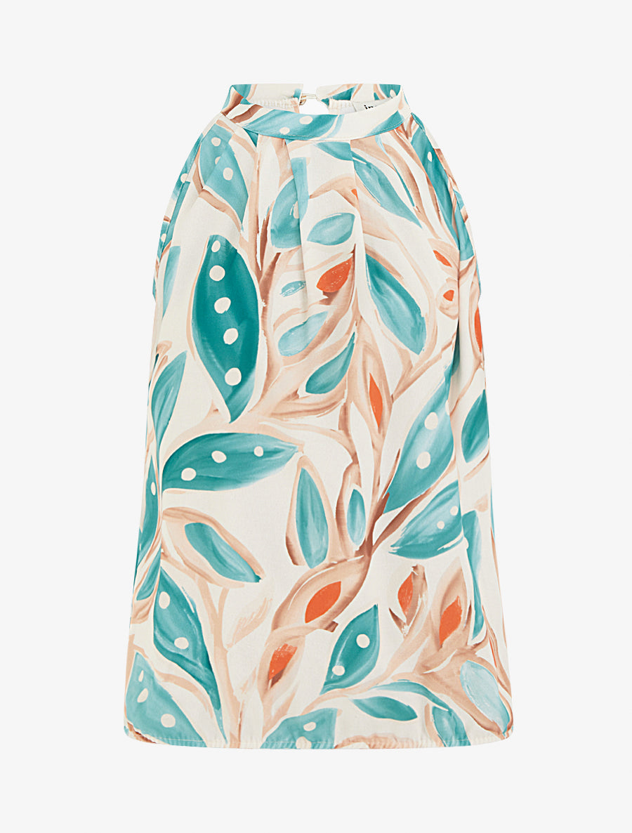 Top boule à col américain imprimé végétal - Turquoise - 1