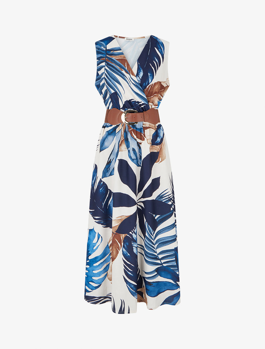 Robe sans manches imprimé feuillage - Marine - 1