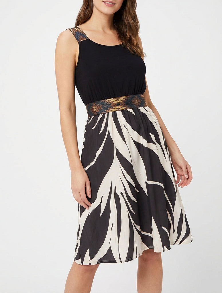 Abito stampato grafico con vita elasticizzata fantasia - Nero