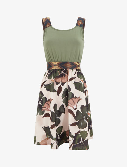 Robe imprimé floral à taille élastiquée fantaisie - Kaki - 1