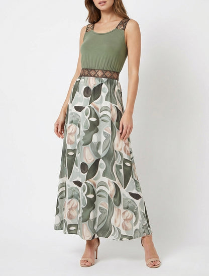 Abito stampato con pittura astratta a spalline stilizzate - Cachi