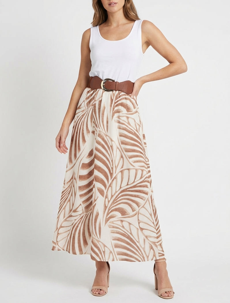 Abito lungo senza maniche con stampa a foglie - Beige scuro