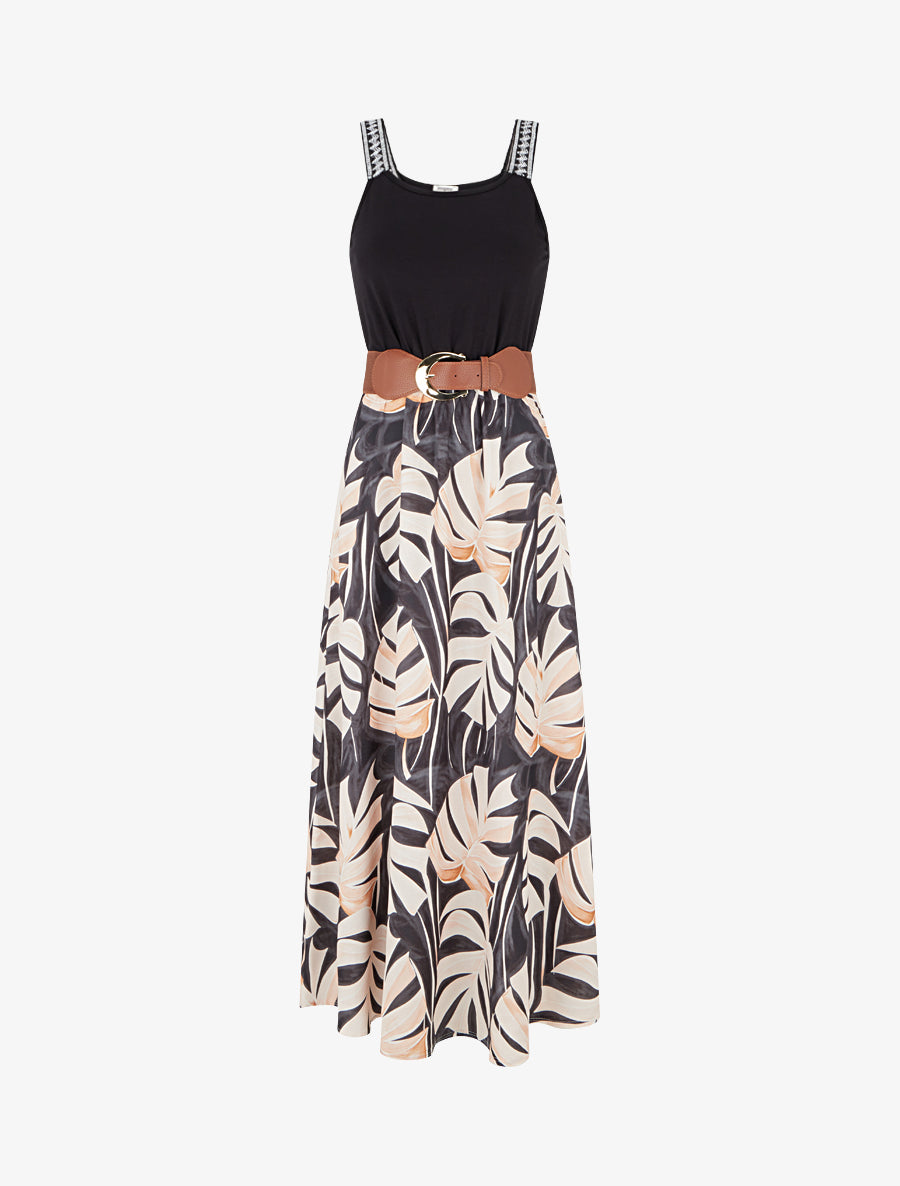 Robe longue imprimé feuillage - Noir - 1