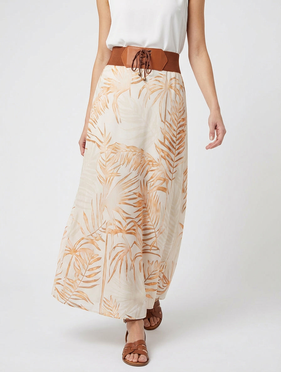 Gonna lunga stampata a foglie - Beige