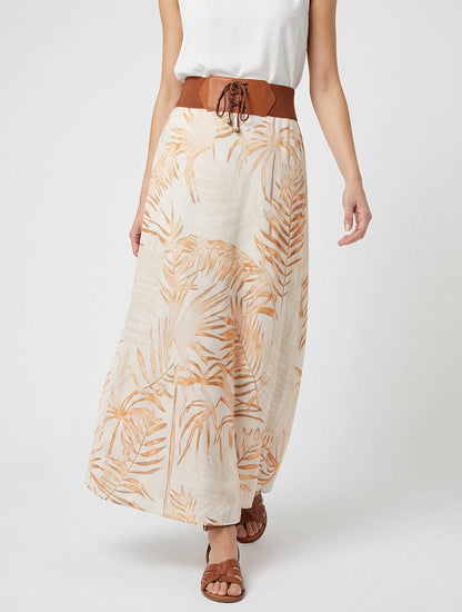 Gonna lunga stampata a foglie - Beige