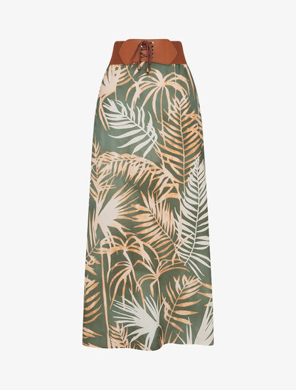 Jupe longue imprimé feuillage - Kaki - 1