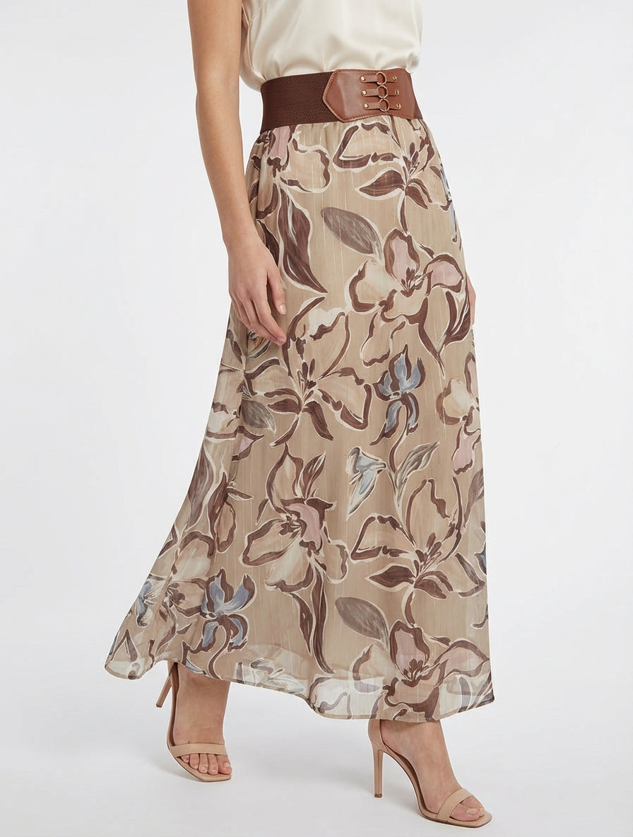 Gonna lunga stampata a fiori con strisce iridescenti. - Beige