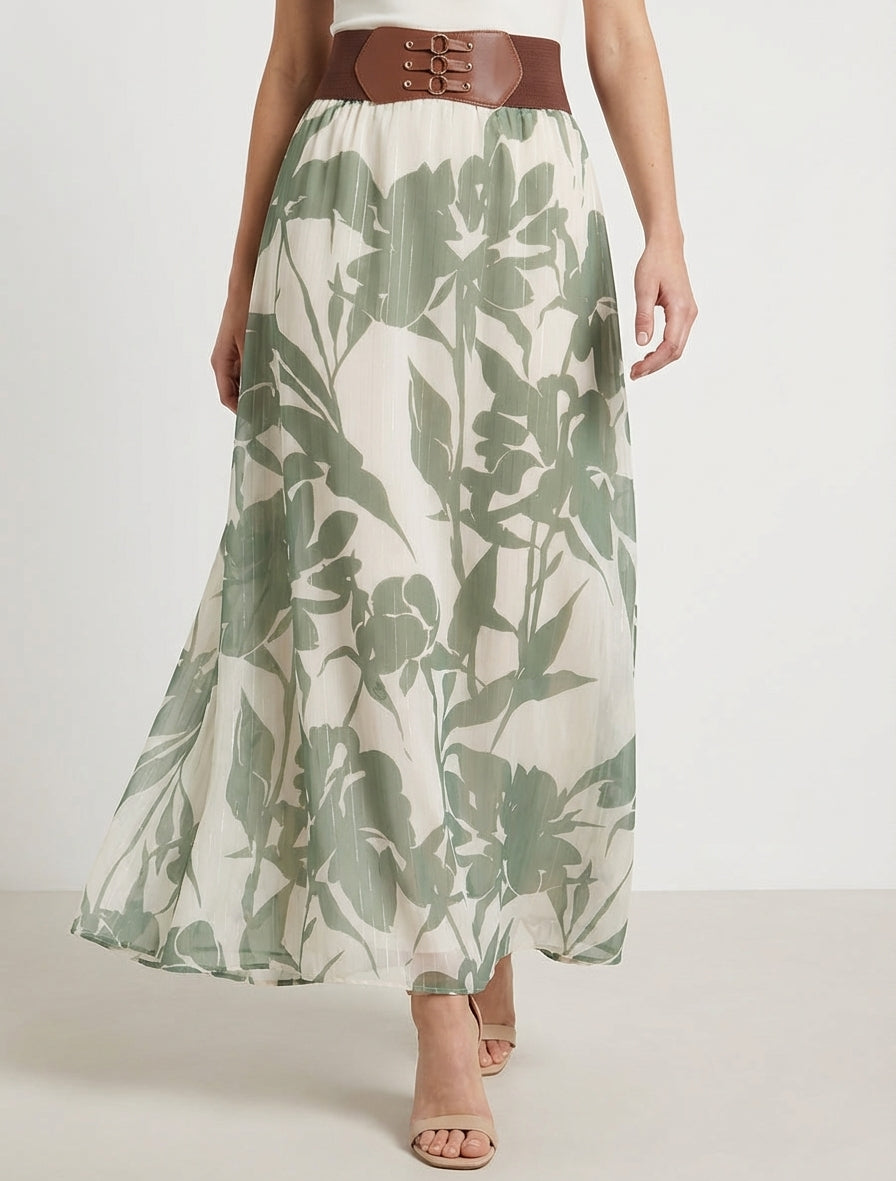 Gonna lunga a fiori con stampa a righe iridescenti - Cachi