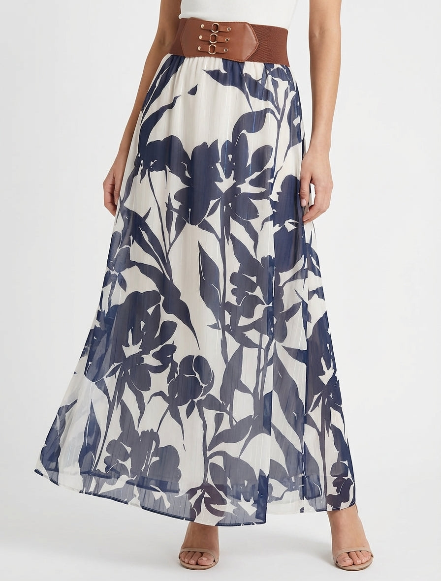 Gonna lunga a fiori con stampa a righe iridescenti - Marina