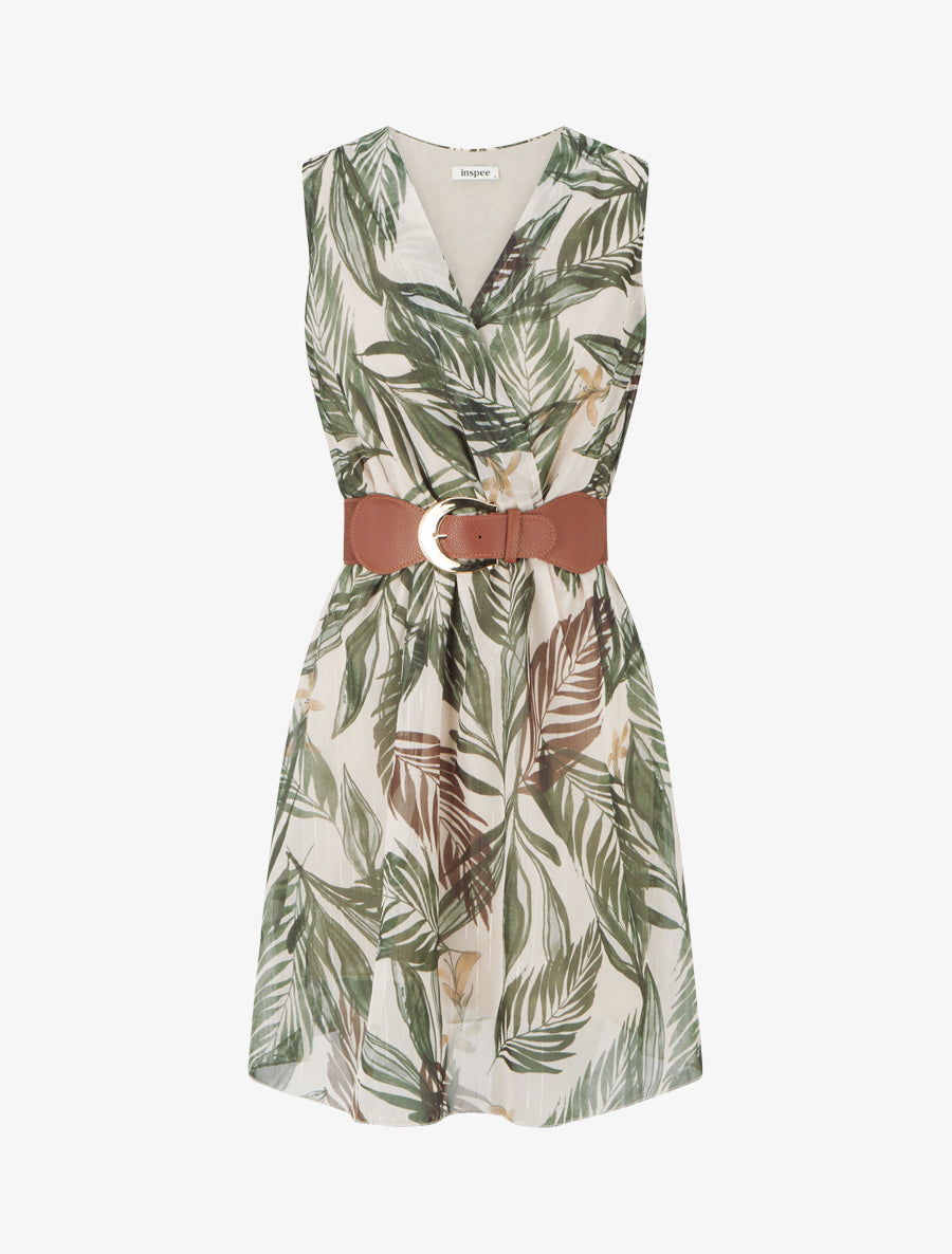 Robe imprimé feuillage à rayures irisés - Kaki - 1