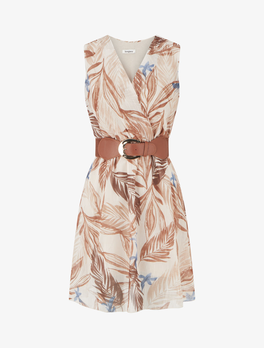Robe imprimé feuillage à rayures irisés - Camel - 1