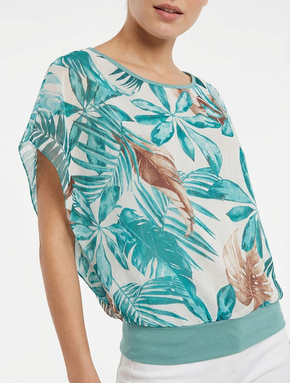 Top a maniche corte con stampa tropicale - Turchese