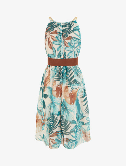 Robe à bretelles chaînes imprimé tropical - Turquoise - 2