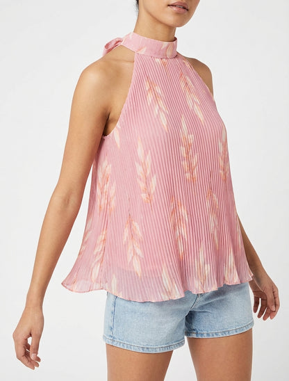 Top plissettato senza maniche con stampa fogliame - Rosa