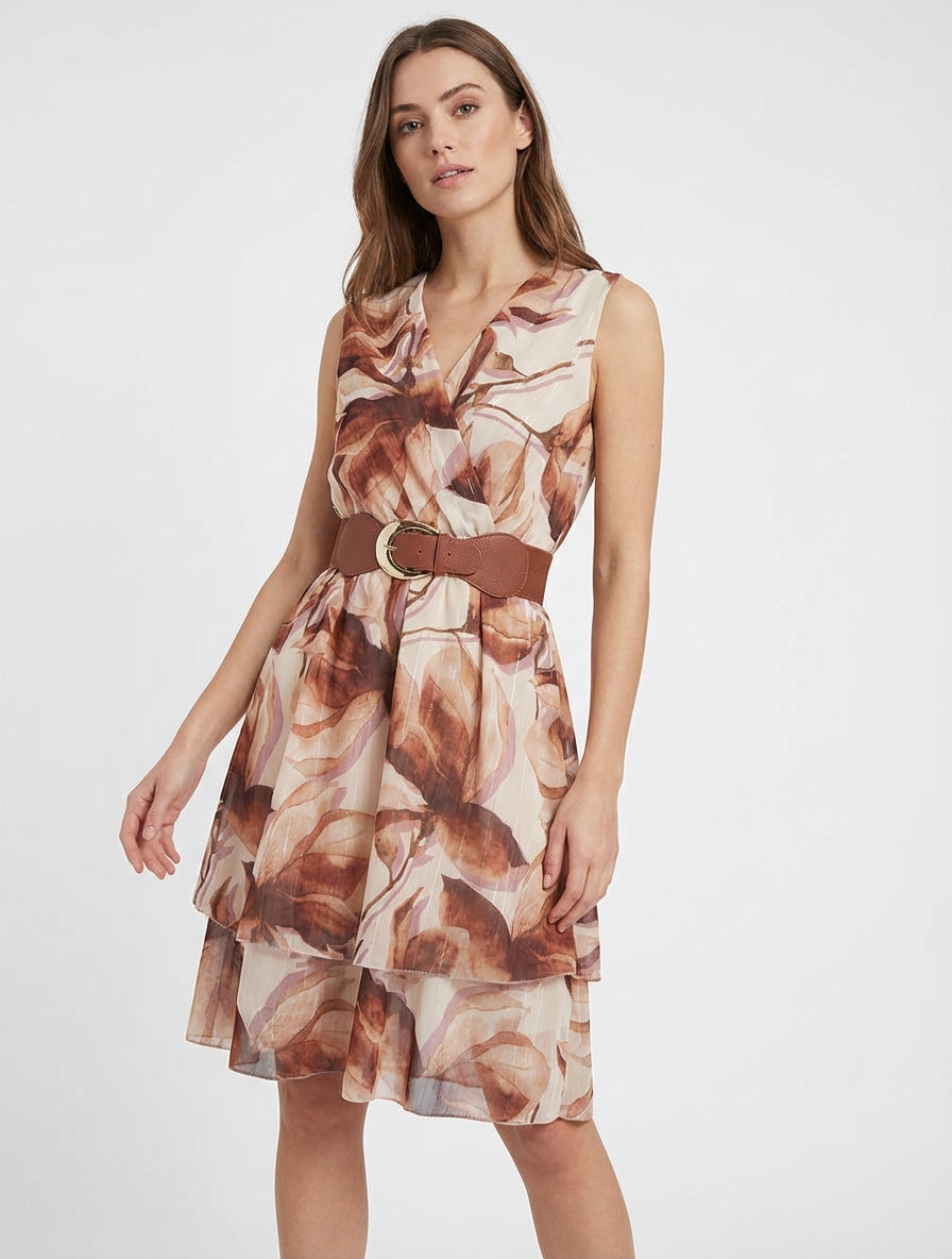 Abito svasato senza maniche con stampa a grandi fiori - Marrone