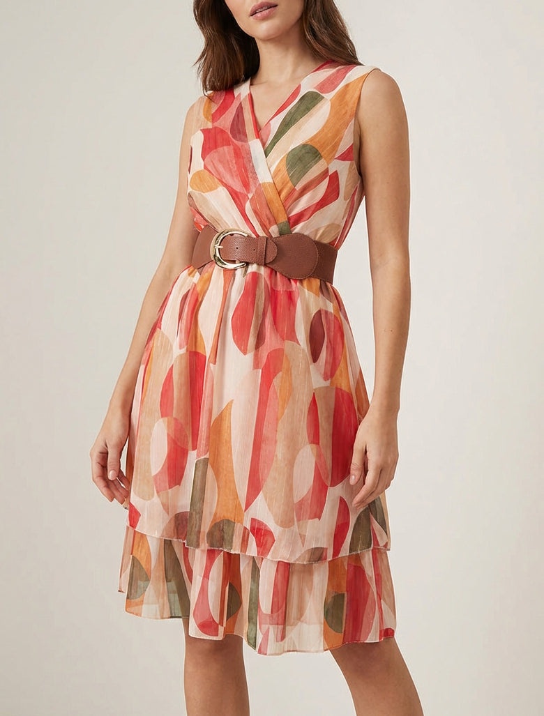 Abito svasato senza maniche con stampa fantasia - Rosso