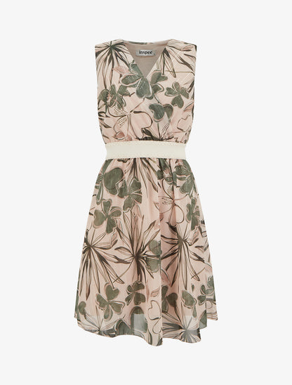 Robe patineuse sans manches imprimé fleuri - Kaki - 1