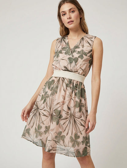Abito svasato senza maniche con stampa floreale - Cachi
