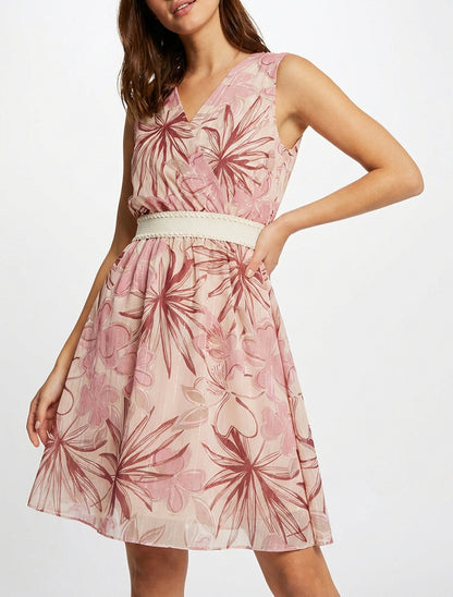 Abito svasato senza maniche con stampa floreale - Rosa