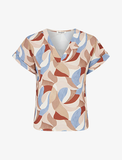 Top imprimé abstrait à manches courtes - Camel - 1