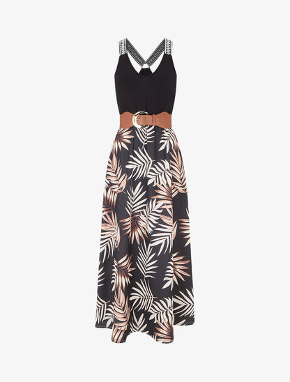 Robe longue imprimé feuillage - Noir - 1
