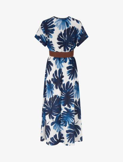 Robe longue manches courtes imprimé feuillage - Marine - 2