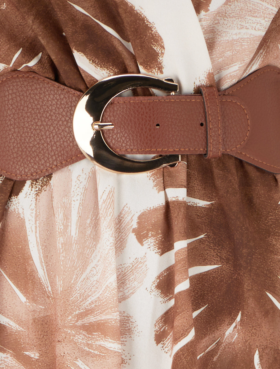 Robe longue manches courtes imprimé feuillage - Marron - 3