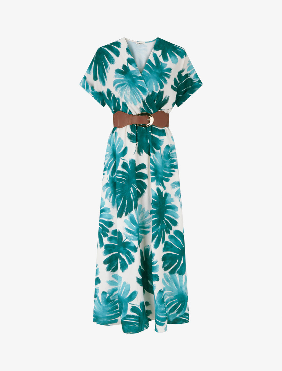 Robe longue manches courtes imprimé feuillage - Vert foncé - 1