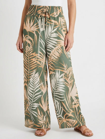 Pantaloni stampati a foglie con vita elasticizzata - Cachi