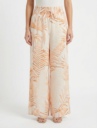 Pantaloni stampati a foglie con vita elasticizzata - Beige