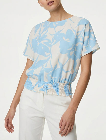 Top taglio boule con stampa floreale - Azzurro cielo