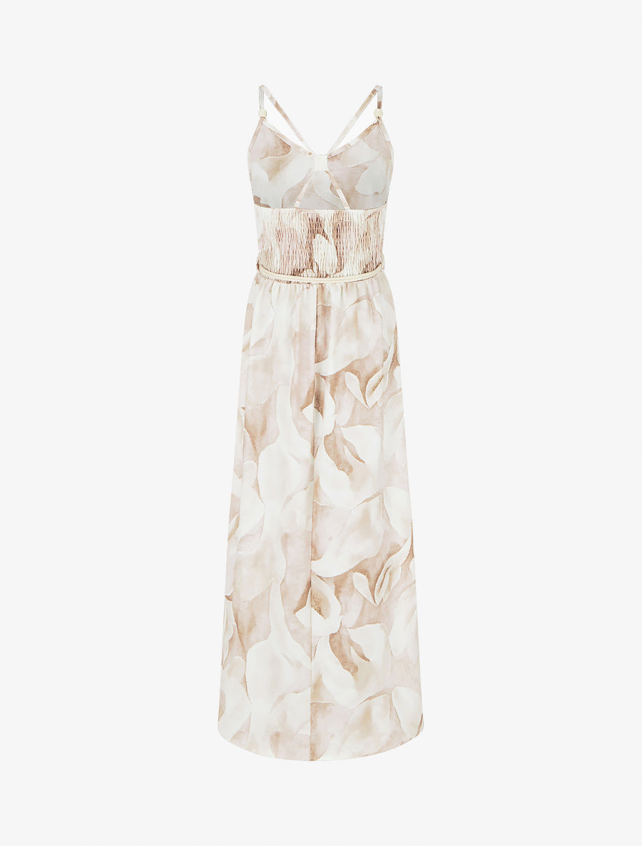 Abito lungo stampato floreale con vita elasticizzata - Beige