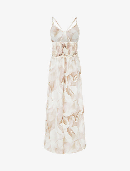 Abito lungo stampato floreale con vita elasticizzata - Beige