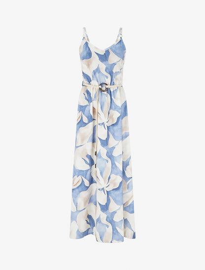 Robe longue imprimé floral à taille élastiquée - Bleu - 1