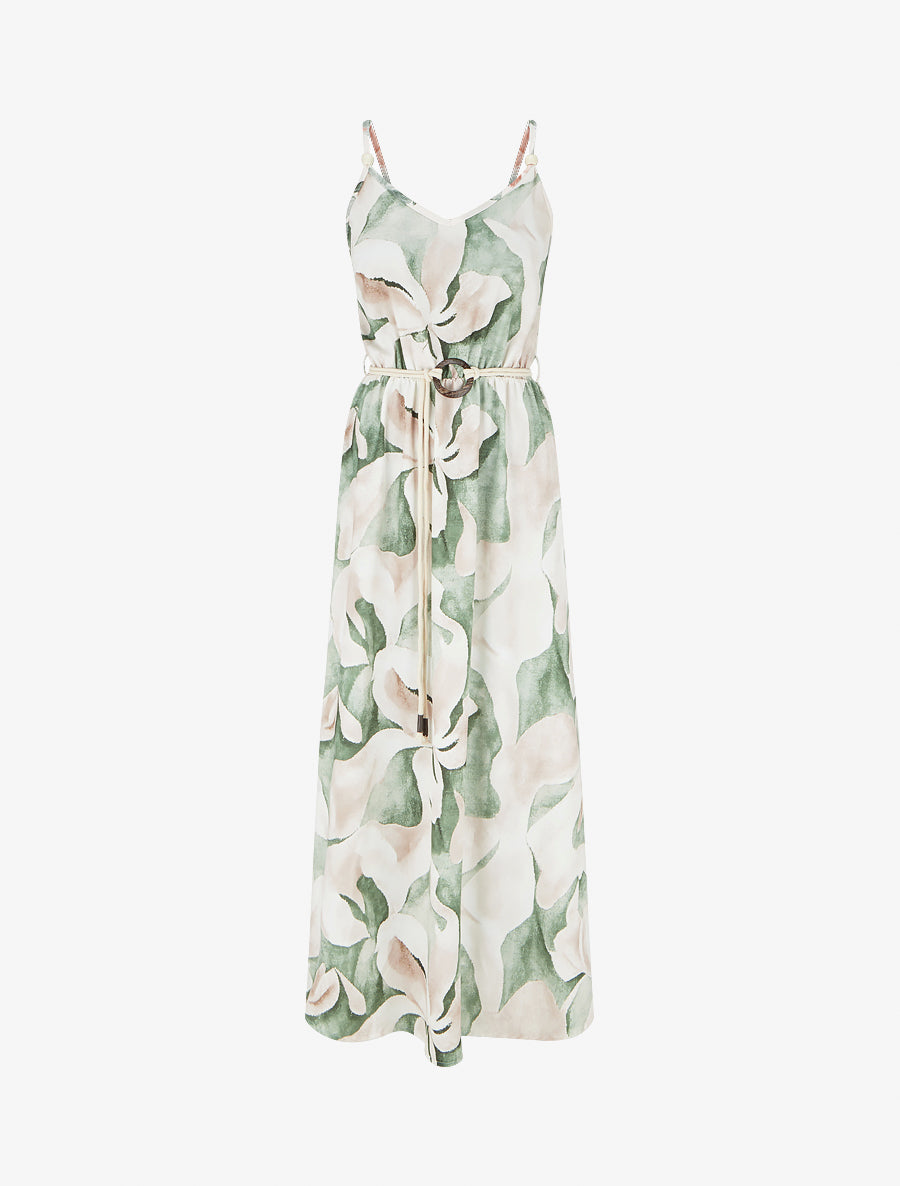 Robe longue imprimé floral à taille élastiquée - Vert - 1